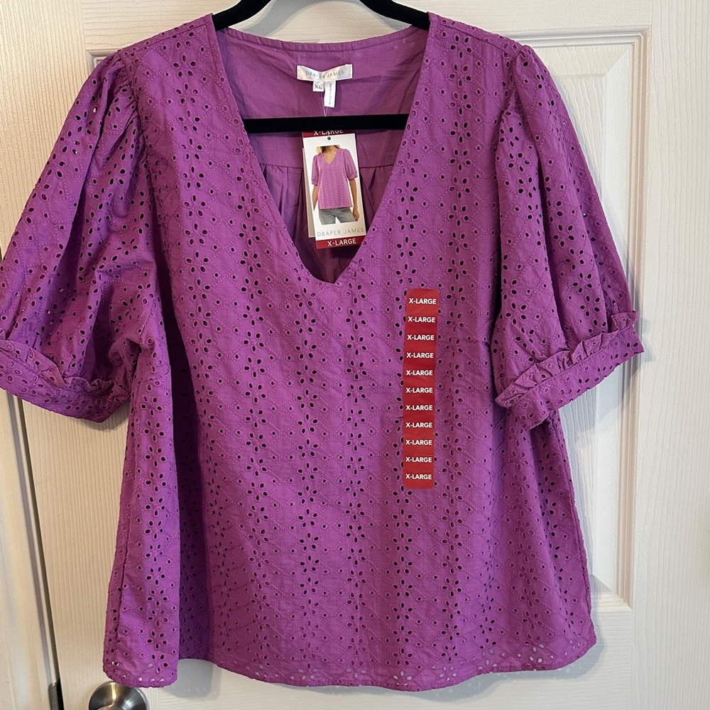 Draper James V-Neck Eyelet Blouse in Purple
